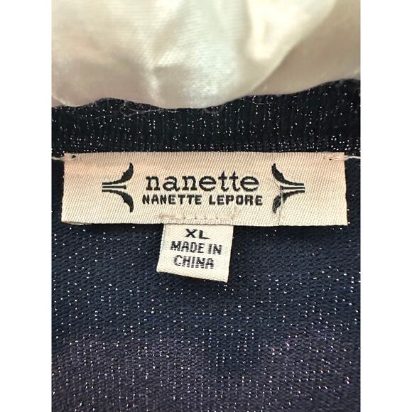 NANETTE LEPORE Navy Metallic Knit Dress Long Sleeve Pearl Party Cocktail NWT XL - Picture 7 of 9